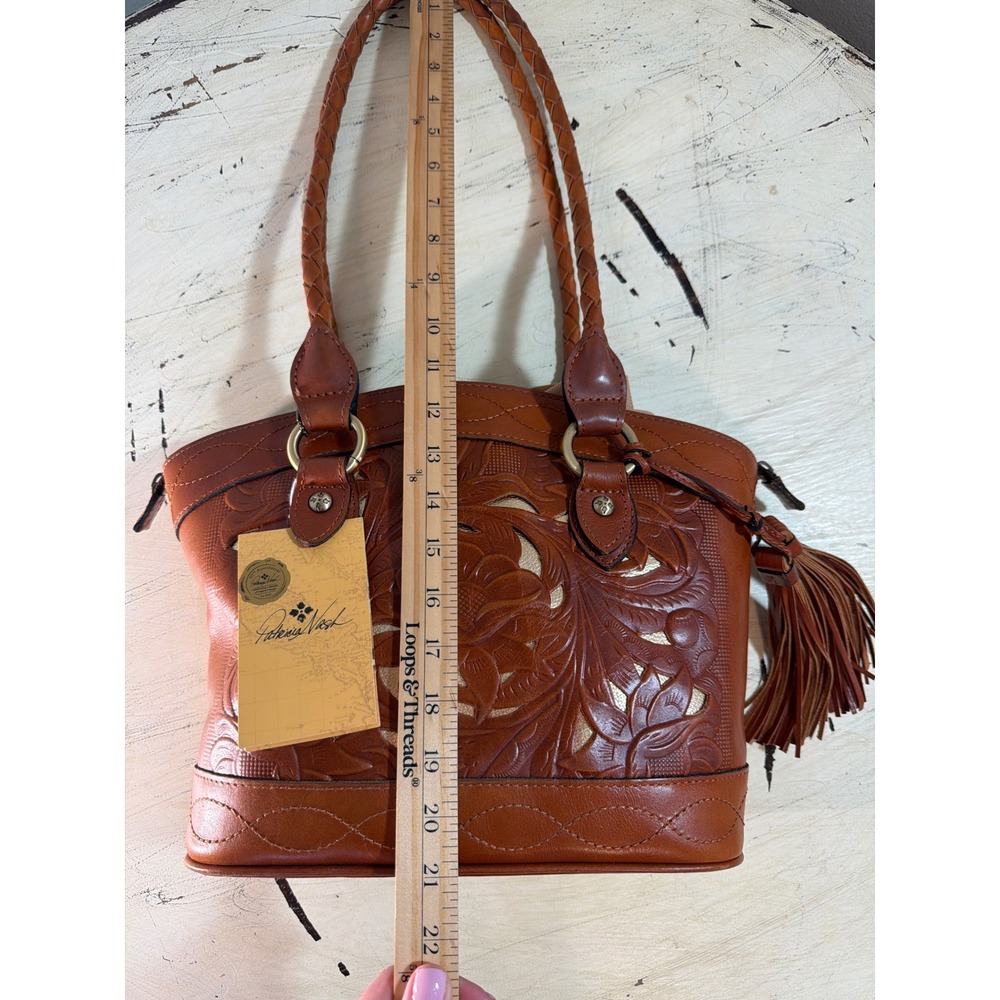 Patricia Nash Leather Shoulder Bag Women Medium Tan Gold Tooled Floral Tassel - Picture 3 of 9
